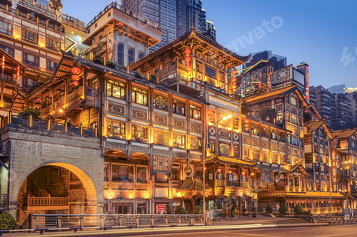 Preview: Chongqing, China At Hongyadong Hillside Buildings At Twilight.