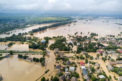 Preview: Aerial view of flooded houses with dirty water of Dnister river in Halych town, western Ukraine.