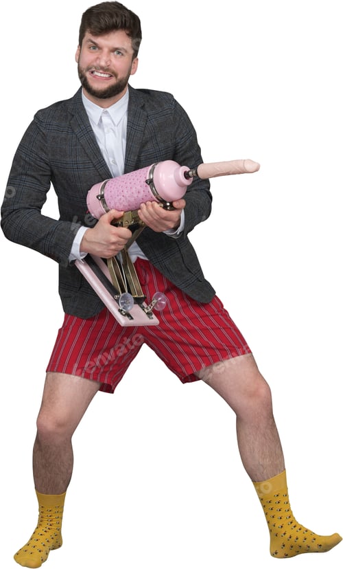 Preview: a man in a suit and kilt holding a pink object and a pink sock