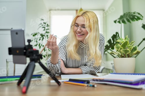 Preview: Female student teenager studying at home online using smartphone