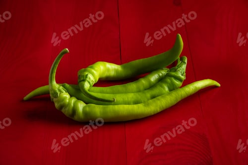 Preview: Green chili peppers on the red table
