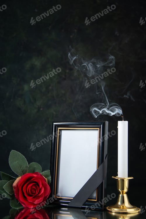 Preview: front view of fireless candle with picture frame on a black background funeral evil war death