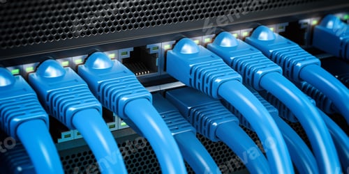 Preview: Network LAN internet cables connected in network switches. Server in data center.