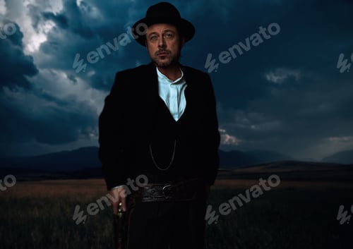 Preview: Man In Victorian Cowboy Clothing With Revolver In Holster Standing On Prairie Area.