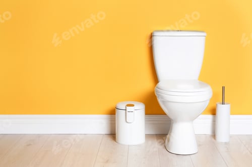 Preview: New ceramic toilet bowl in modern bathroom with space for text