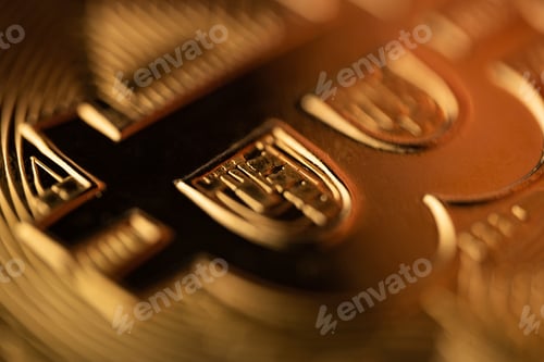 Preview: top view extreme macro closeup of crypto bitcoin golden coin logo