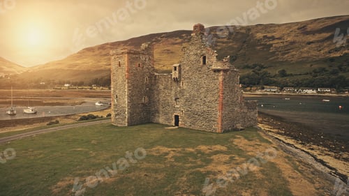 Preview: Closeup castle ruins at sun sea coast aerial. Historical heritage. Ancient tourist attraction