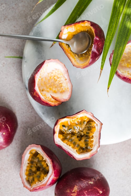 Preview: ripe organic passion fruit. Set of whole and half of fresh passion fruit.