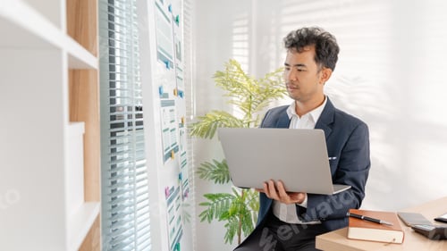 Preview: A business analyst examining charts and statistics on a whiteboard