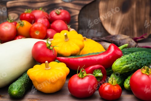 Preview: Fresh vegetables - squash, cucumbers, tomatoes, zucchini, peppers on a wooden table