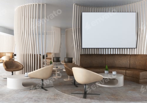 Preview: 3D illustration Mockup photo frame in lounge or canteen