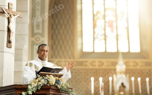 Preview: Worship, speech and prayer with priest in church for Christian, God and spiritual faith sermon. Bib
