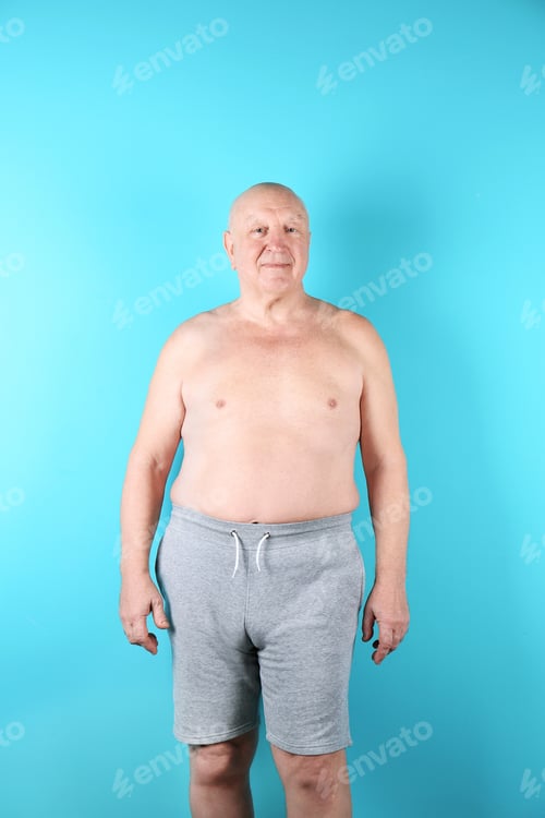 Preview: Fat senior man on color background. Weight loss