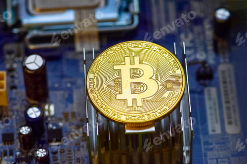 Preview: Golden bitcoin on computer motherboard