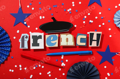 Preview: The word French on a red background, top view.
