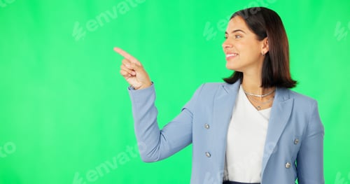 Preview: Business woman, face and pointing with green screen, list or review option by studio background. Ha