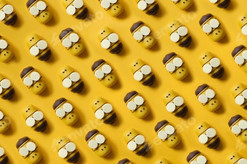Preview: Flat lay colorful flat repeating pattern bee cake pops on a yellow background. Top view