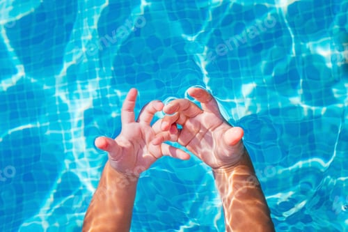 Preview: A baby observes with curiosity his hands immersed in the water of a swimming pool.