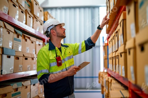 Preview: Professional warehouse worker hold tablet and point to check the product on shelves in workplace
