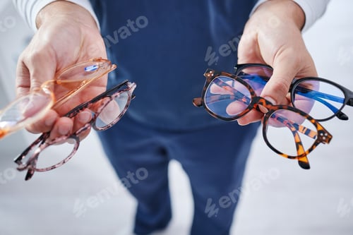 Preview: Optometry, glasses and hands of person with option for frame, prescription lens and spectacles for