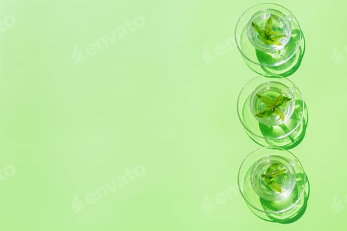 Preview: Relaxing mint tea on green background, trendy light and shadow