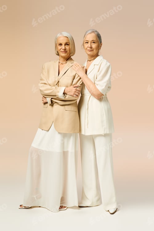 Preview: Stylish mature lesbian couple showcasing fashion and love in a soft background