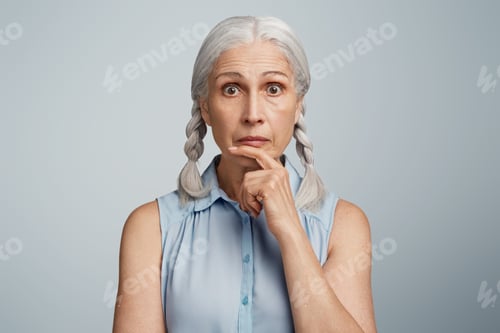 Preview: Mature shocked female has two pigtails, looks with surprised expression directly at camera, being am