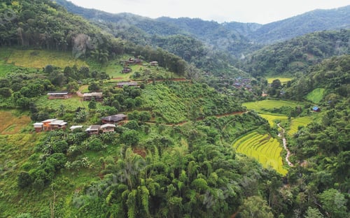 Preview: Aerial view from drone of the rural village and rice terrace in the mountains