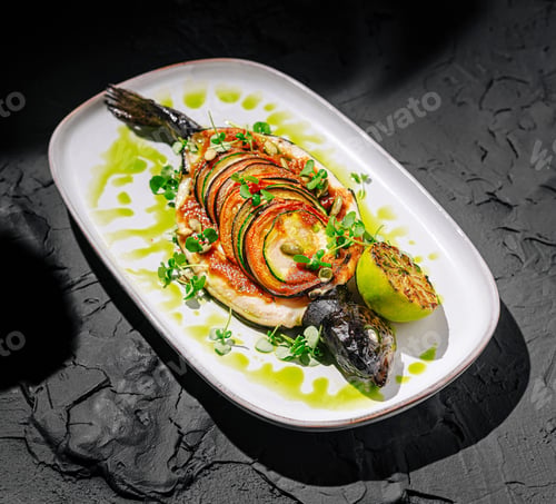 Preview: Deliciously presented grilled fish with vegetables and herbs