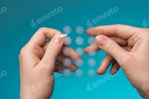 Preview: Close-up round acne patch on finger on blue background