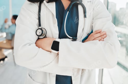Preview: Doctor, hands and arms crossed with stethoscope for healthcare cardiology or life insurance at hosp