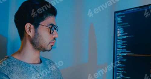 Preview: Asia male freelance typing write prompt AI bot IT app smart program nomad.