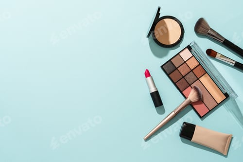 Preview: Beauty products on blue background.