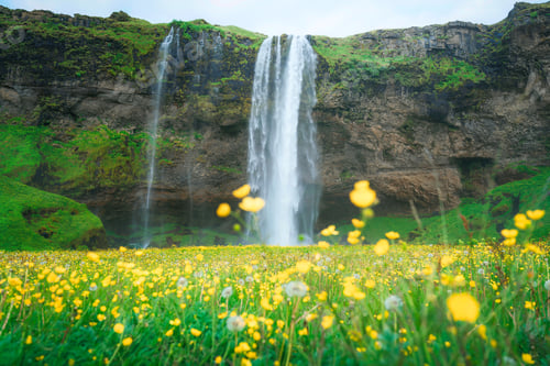 Preview: Seljalandsfoss waterfall flowing with yellow wildflower blooming in summer at Iceland
