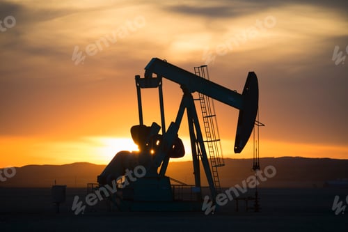 Preview: A pumpjack at an oil drilling site at sunset.