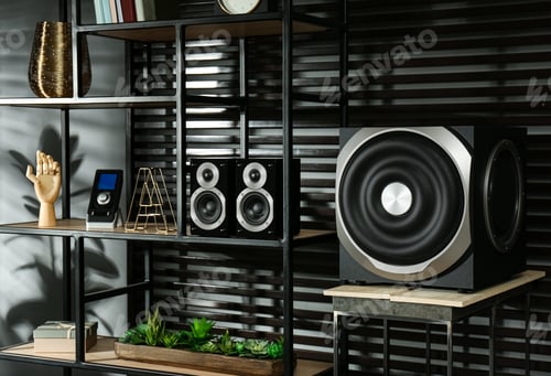 Preview: Modern audio speaker system on shelving indoors