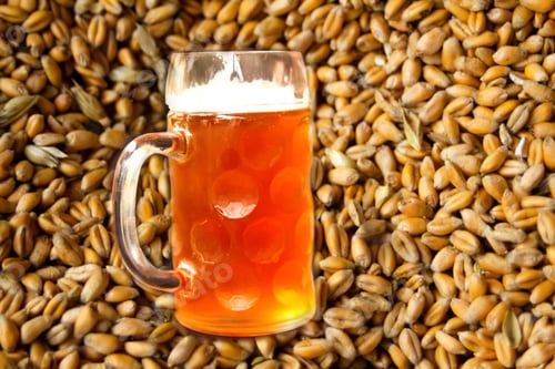 Preview: Defocus mug of light beer on grain wheat background. Closeup of
