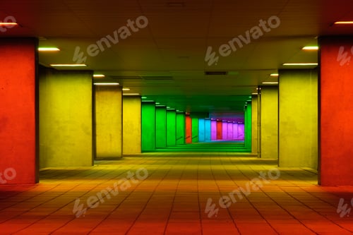 Preview: Colorful mulitcolord illuminated gallery tunnel near Museum Park, Rotterdam, The Netherlands