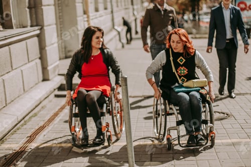 Preview: Two girls in wheelchairs ride around the city next to walking men and communicate