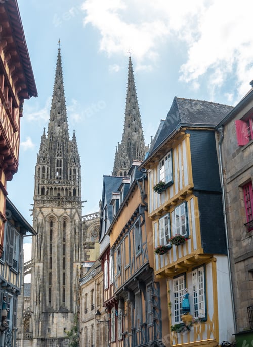 Preview: Historic center in the medieval town of Quimper and the Saint Corentin cathedral