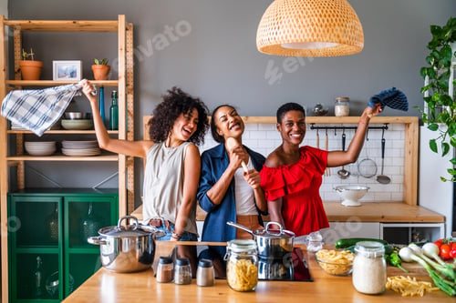 Preview: Three mixed race hispanic and black women bonding at home