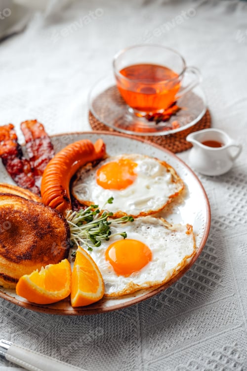 Preview: breakfast pancakes fried eggs and sausages