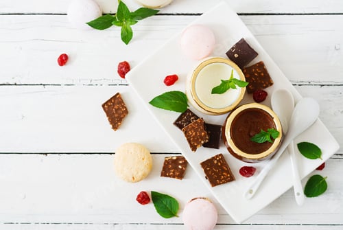 Preview: Chocolate and vanilla panna cotta (dessert). Top view