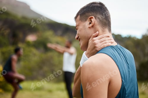 Preview: Fitness, nature or athlete with neck pain in exercise, body training injury or outdoor workout. Spo