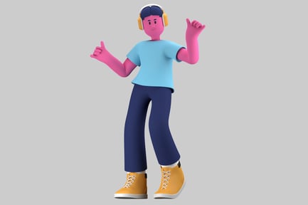 Preview: Cartoon character with pink face, blue hair and yellow headphones