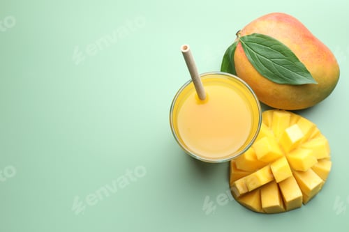 Vista previa: Tasty mango juice in glass and fresh fruits on green background, flat lay. Space for text