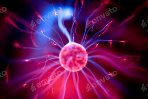 Preview: Decoration lamp in shape of plasma ball with red and blue electrodes, close-up