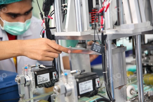 Preview: Mid adult male engineer examining machine part on a production line in a factory.