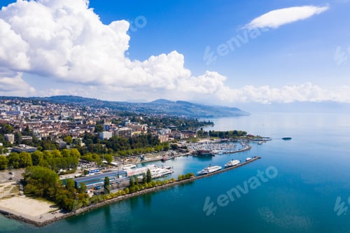 Preview: Aerial view of Ouchy waterfront in Lausanne, Switzerland