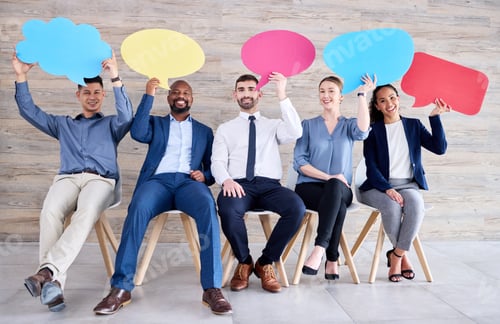 Preview: Shot of a group of businesspeople holding up speech bubbles while waiting in line at an office